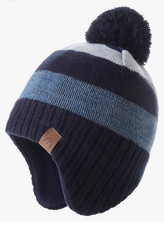 Moon Kitty Boy Beanie Blue With Ear Flaps Toboggan Hat Ages 1-3 D2