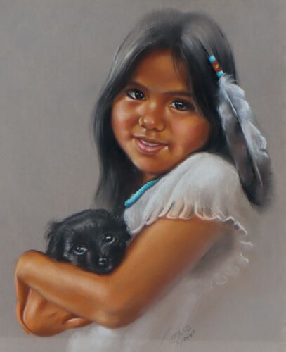 TERIE KNAPP California Artist Pastel painting of an INDIAN GIRL WITH PUPPY - Picture 2 of 7
