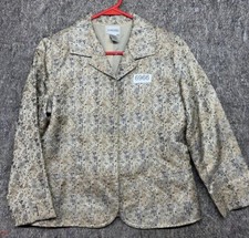 Chicos Blazer Gold Blue 1 Button Lined Back Vent Persian Design Size 6
