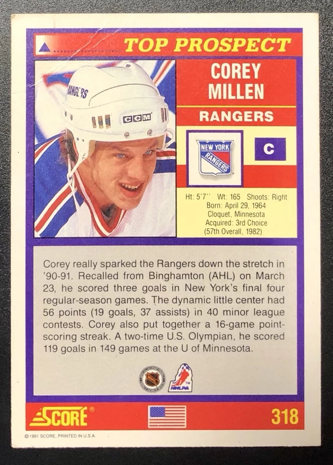 1991-92 Score American - #318 Corey Millen (RC) - Image 2 of 2
