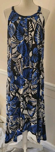 Mlle Gabrielle 1X HIGH-NECK HIGH-LOW PALM PRINT GODDESS STYLE MIDI DRESS PALMS - Picture 9 of 17