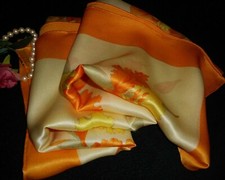 Silk Scarf Yellow Orange Orchid Iris Art Nouveau Deco Hand rolled Hem 30"
