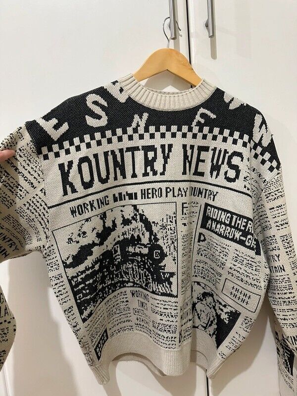 KAPITAL 8G Knit NEWSPAPER Pattern Crew Neck Sweater (KOUNTRY KAPITAL 8G Knit NEWSPAPER Pattern Crew Neck Sweater (KOUNTRY