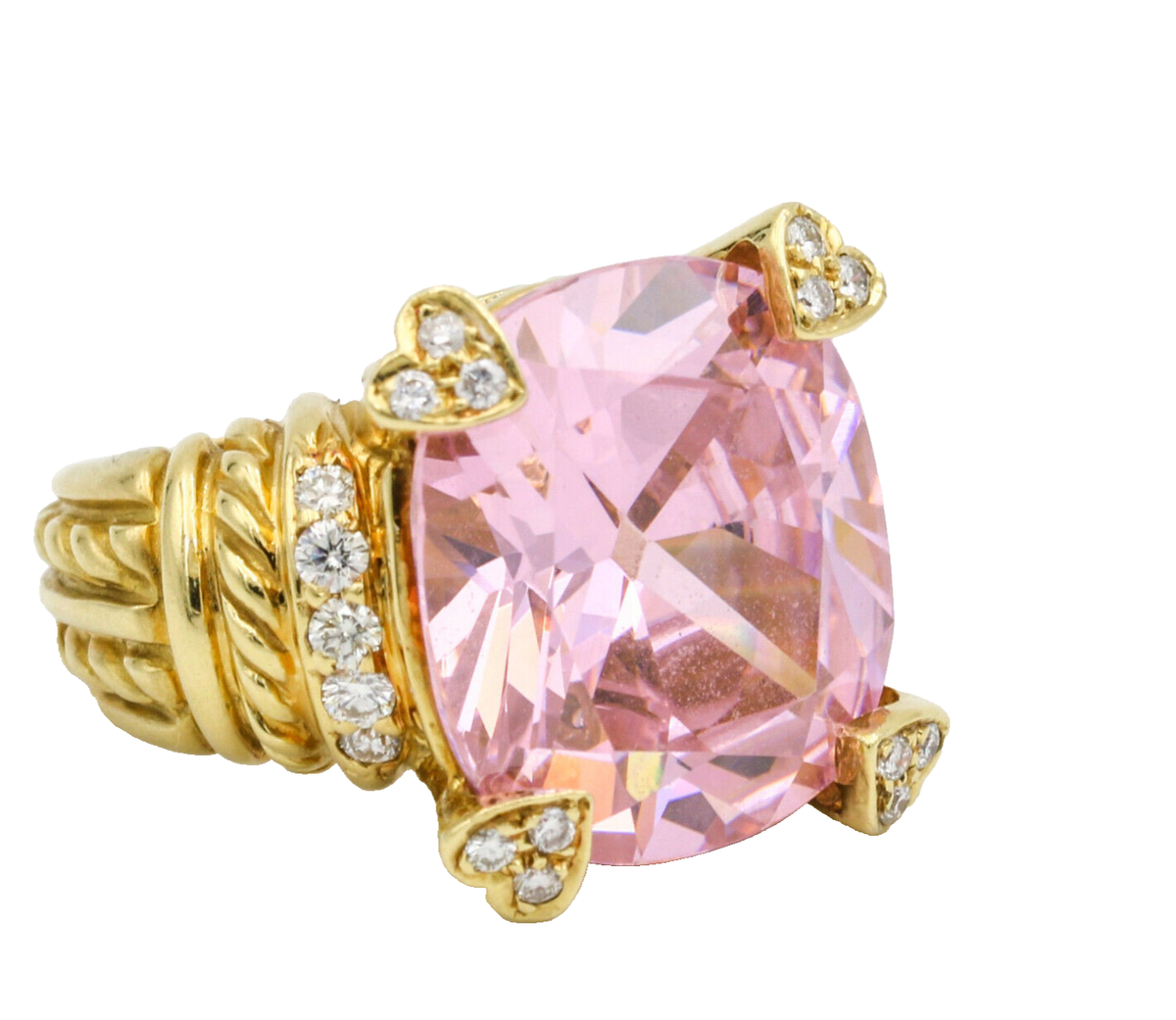 18K Yellow Gold Pink Quartz Diamond Judith Ripka Ring Vintage