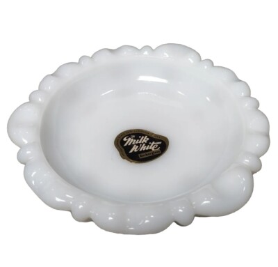 Anchor Hocking White Milk Glass Candy Dish / Trinket Dish 5.25  Rare Sticker VTG
