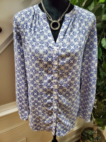 Jaclyn Smith Women's Blue & White Polyester V-Neck Long Sleeve Casual Blouse L - Picture 12 of 12