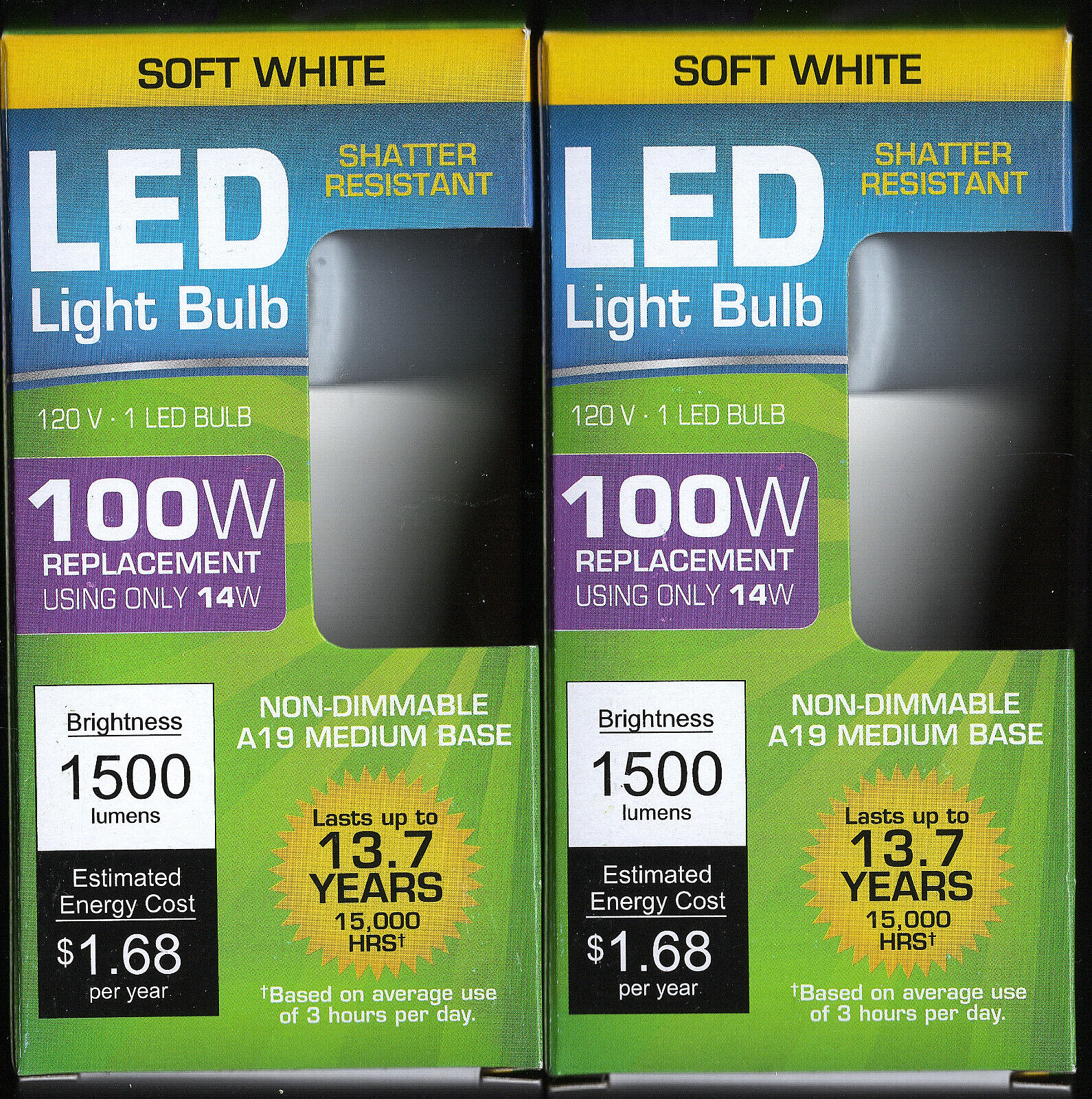 2 -100W Replacement LED 14 Watt Light Bulbs A19 Standard Base SHIPPING INCLUDED