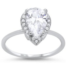 Halo Cubic Zirconia Pear Solitaire Engagement .925 Sterling Silver Ring