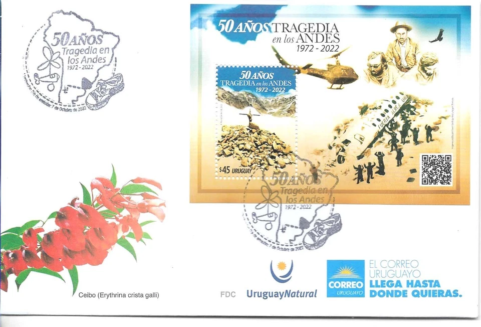 #35053C URUGUAY 2022 ANDES TRAGIC AIRPLANE CRUSH 50°ANIV HELICOPTER S/S MNH+FDC - Image 2 of 3