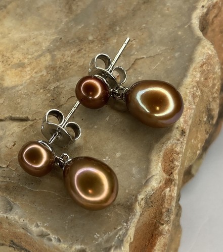 Vintage OP Sterling Silver Bronze Freshwater Dangle Pearl Earrings 7mm 5mm - Picture 3 of 6
