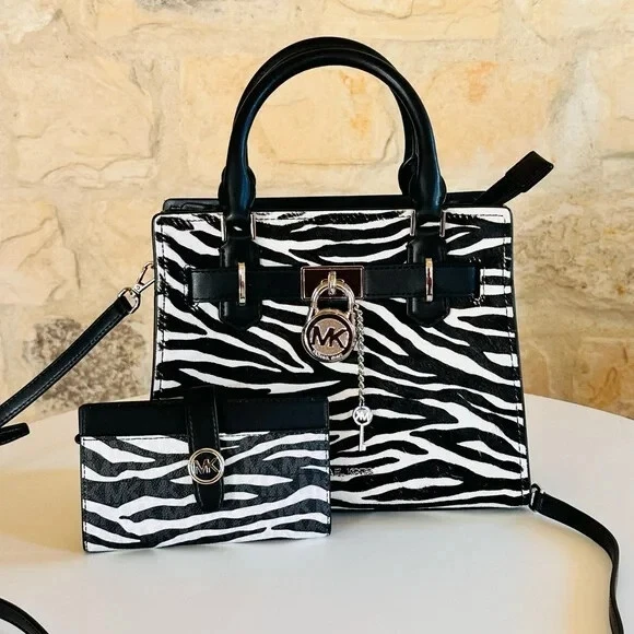 Michael Kors Hamilton Small Zebra Print Satchel Bag + Medium Bifold Wallet Black