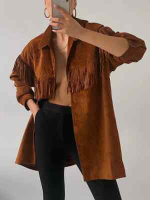 Women Traditional Western Native American Suede Leather Fringed Jacket Coat
