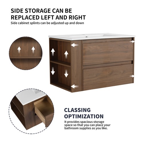 30" Floating Bathroom Vanity with Ceramic Sink 2 Drawers/Side Adjustable Shelves - Picture 4 of 13