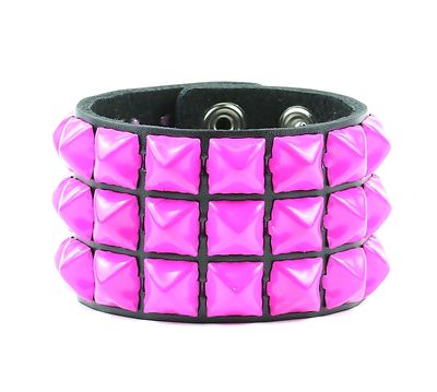 Pink Pyramid Three Stud Leather Snap Bracelet Punk Gothic Glam