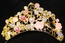 Disney Princess Belle Tiara Crown Gold Roses Pink Gems  B  Emblem   Child Size