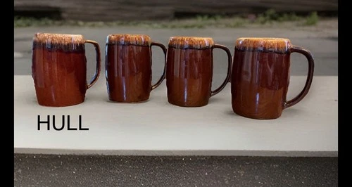 4 - Vtg HULL & PIONEER Pottery USA BROWN DRIP GLAZE Coffee Cups Mugs 16oz 5”