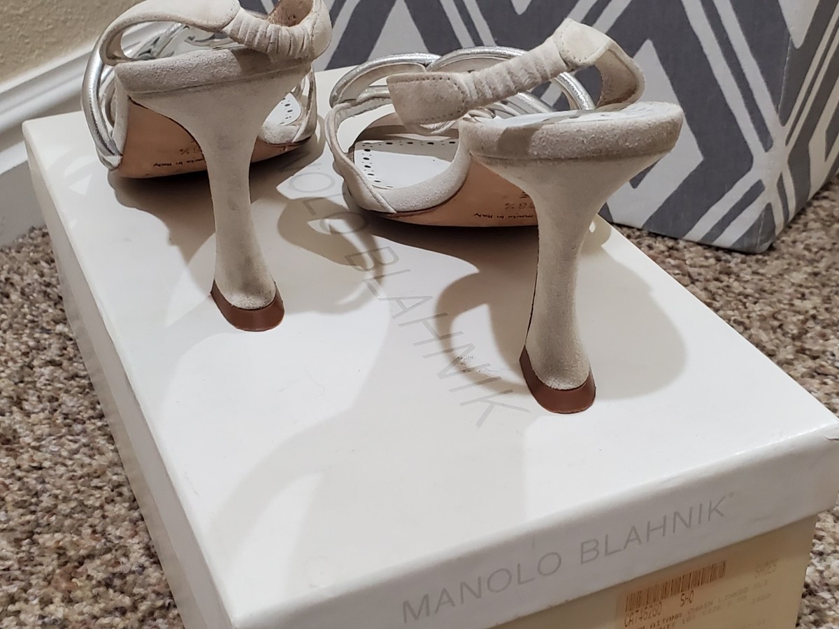 Manolo Blahnik Aitana Slingback Heels 36.5 White Silver Suede Sandals View 6
