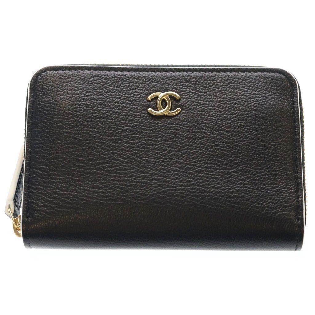 CHANEL Coco Mark Zip Coin Case Mini Wallet Black Leather Gold Hardware