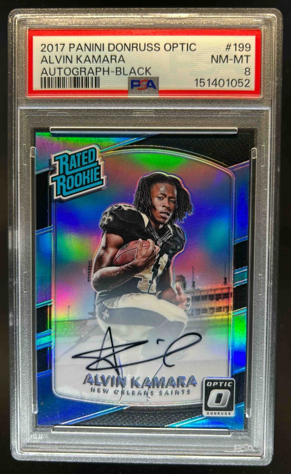 2017 Panini Donruss Optic Alvin Kamara Rated Rookie Auto Black RC #/25 PSA 8