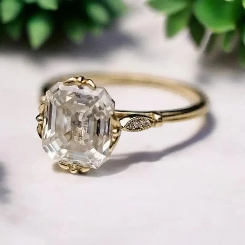 Art Deco Style 3.5Ct Asscher Cut Lab Created Diamond Engagement 14K Gold FN Ring - Image 3 of 4