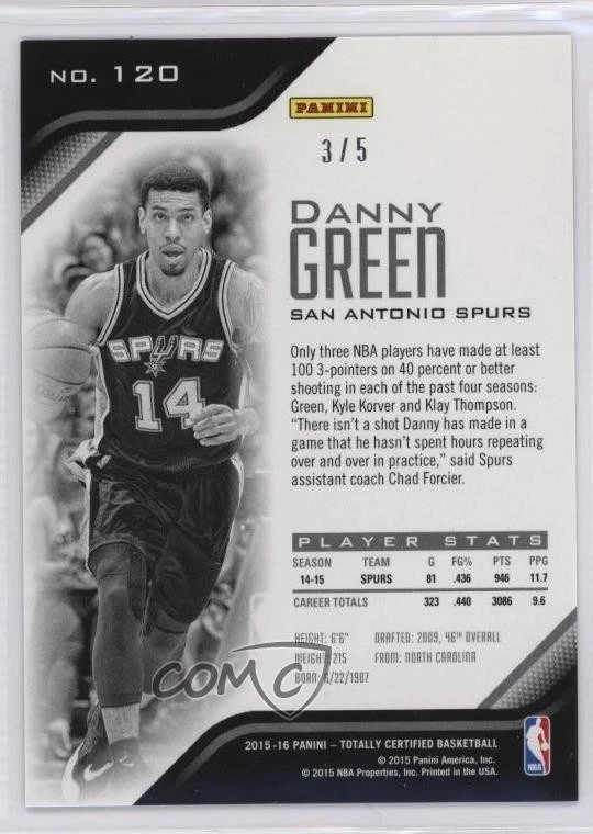 2015-16 Panini Totally Certified Mirror Green /5 Danny Green #120 - Image 2 of 2