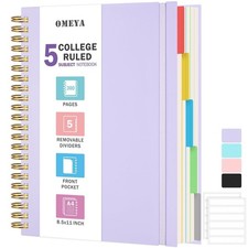 Spiral Notebook 8.5" x 11", 5 Subject Notebooks College Ruled with Removable ...