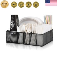Paper Plate Organizer for Countertop, Black  Silverware Caddy with 6 Compart...