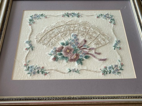 Vintage Handmade Needlepoint Embroidered Lavendar Floral Fan Framed & Matted