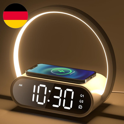 Nachttischlampe Touch Dimmbar Mit Wecker, Tischlampe Mit Ladefunktion Wireless L