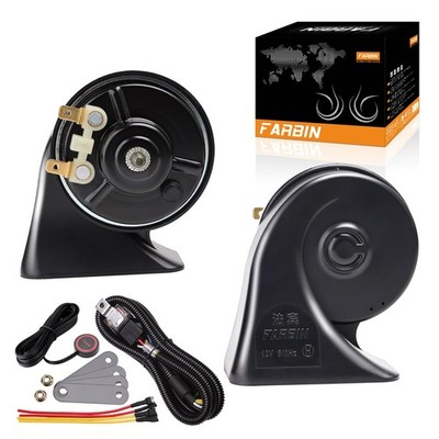 12V Black Snail Horn Kit, Button, Wire, Waterproof, Super Loud, Train, Truck