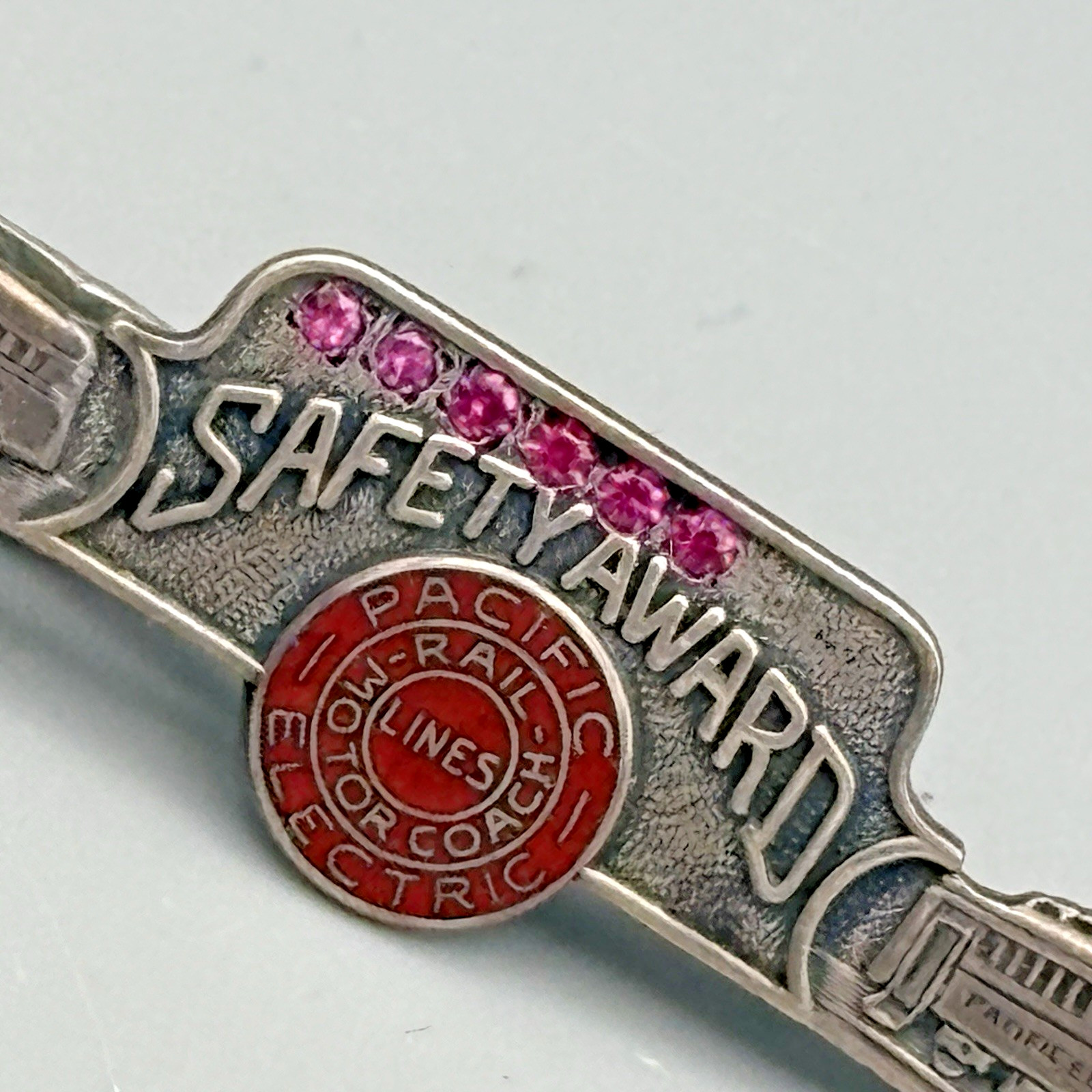 Sterling Silver Pacific Electric Rail Lines Safety Award Tie Clip Enamel Rubies