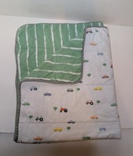 Cloud Island Reversible Baby Blanket Tractor Truck Bus Green Stripe Padded
