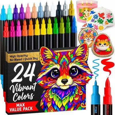 24 Acrylic Paint Markers - Paint Pens for Drawing, Brush + Fine Tips - for Fabri