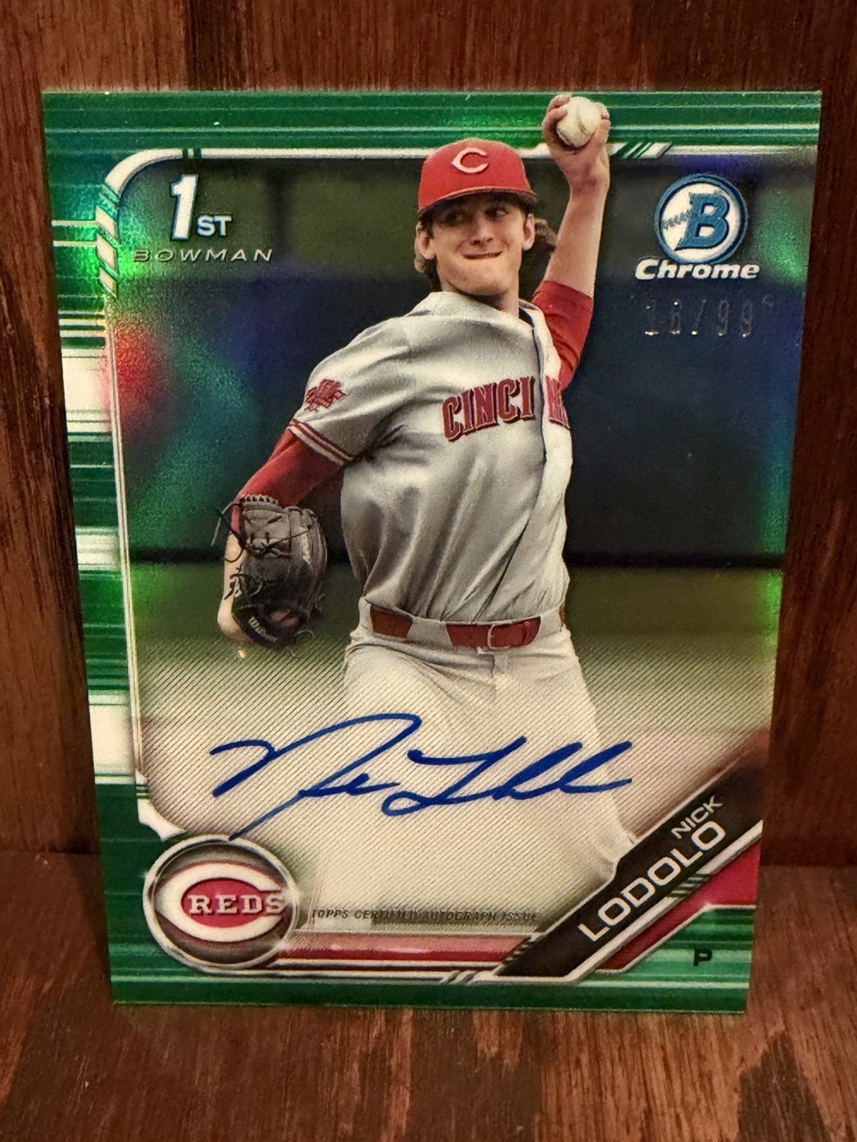 2019 Nick Lodolo RC Auto Bowman Chrome Draft Autographs Green /99 CDA-NL