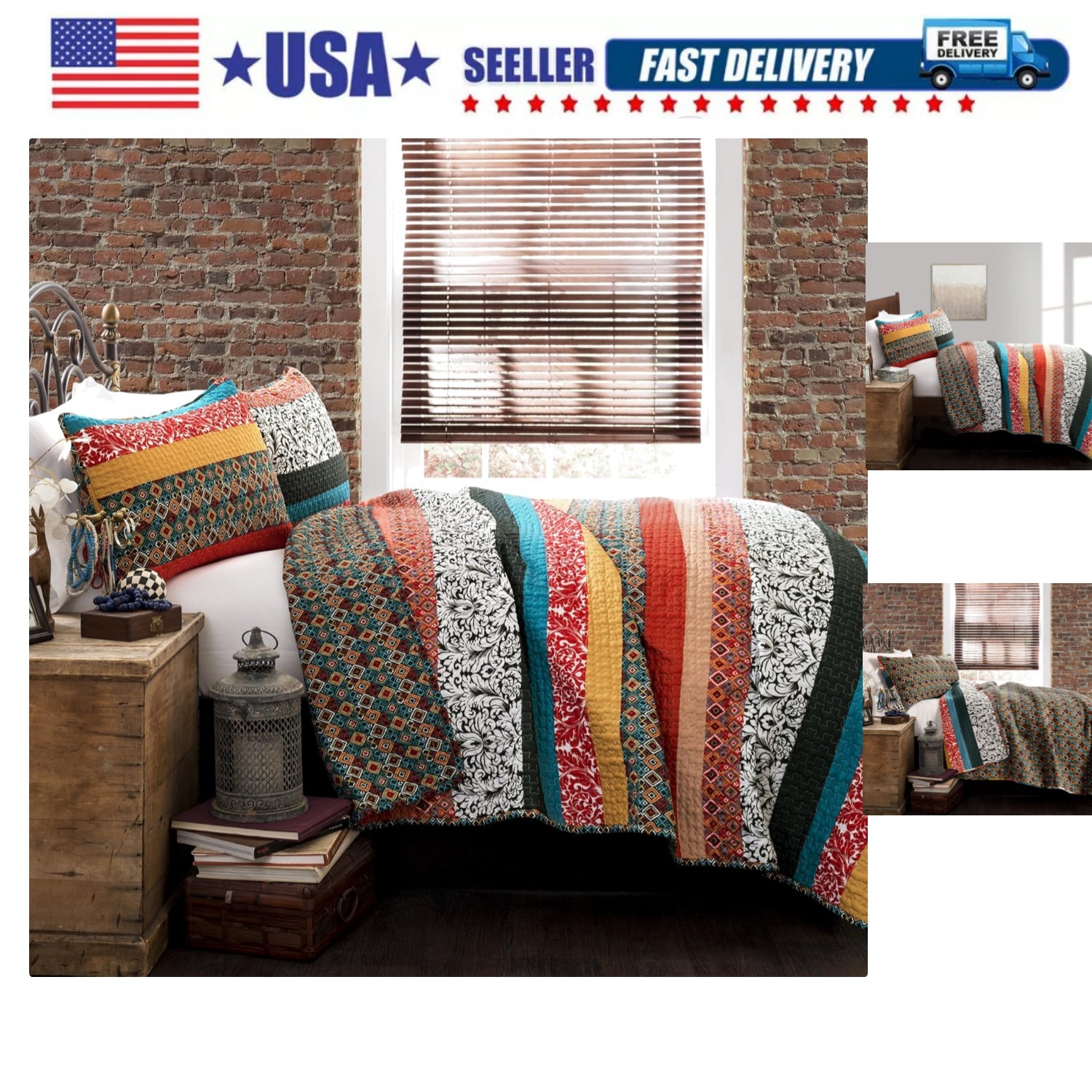 Boho Stripe Reversible Cotton Quilt 3-Piece Set, Full/ Queen