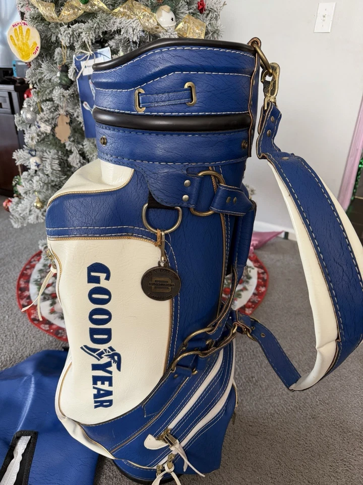 Bolsa de golf vintage Belding Sports Goodyear azul blanco roto hecha en EE. UU. vinilo cuero Foto 2 de 4