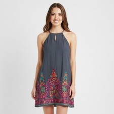 Entro Embroidered A Line Dress Gray Blue Paisley Boho Summer Casual S Boho