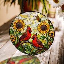 Cardinal Birds Sunflowers Suncatcher Glass Window Decor Art