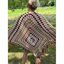 Handmade Crochet Granny Square Shawl in Cream, Rust Mustard