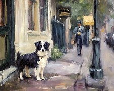 Strada vittoriana con border collie dipinto ad olio stampa 8x10 