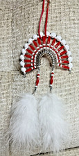 Native American Beaded Indian Headdress w/ Feathers Hand Made Red and White