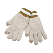 Adults Beige Brown Striped Knit Gloves Fuzzy Lined Touchscreen Tips Warm Cozy