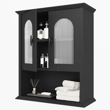Elegante mobile bagno nero a muro con anta scanalata, sopra porta wc
