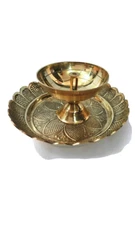 3" Beautiful Puja Thali Brass Plate With 2" Diya Oil Lamp Religious Gift Hindu