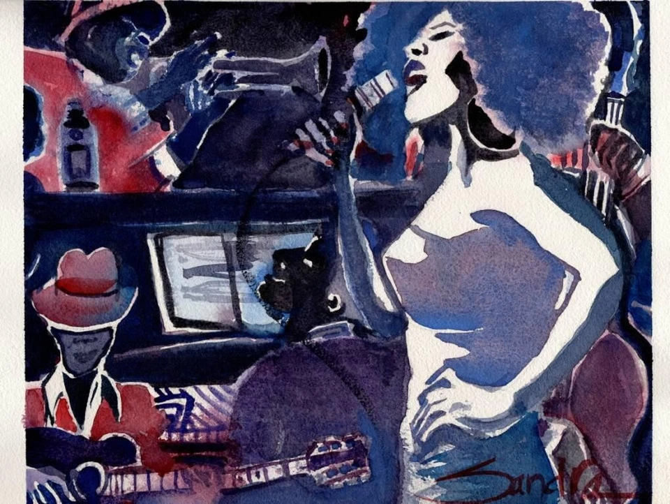 Blues Bar: Sandra Watercolors™ California: PINTURA ORIGINAL Música Afro Jazz Foto 2 de 2