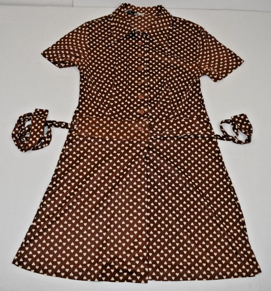 Vestido envolvente vintage Time Place talla S/M años 70 chocolate brillante pequeños corazones blancos Foto 4 de 4