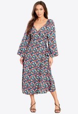 Womens Multi Floral Wrap Front Bubble Sleeves Midi Dress
