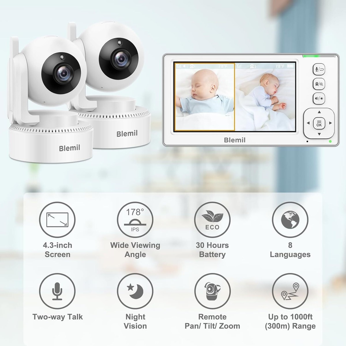 Blemil Upgrade Baby Monitor with 29-Hour Battery, IPS Split