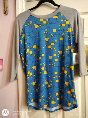 LuLAROE RANDY Gray BLUE  GEOMETRIC BODY 3/4  SLEEVE TOP SIZE Medium 