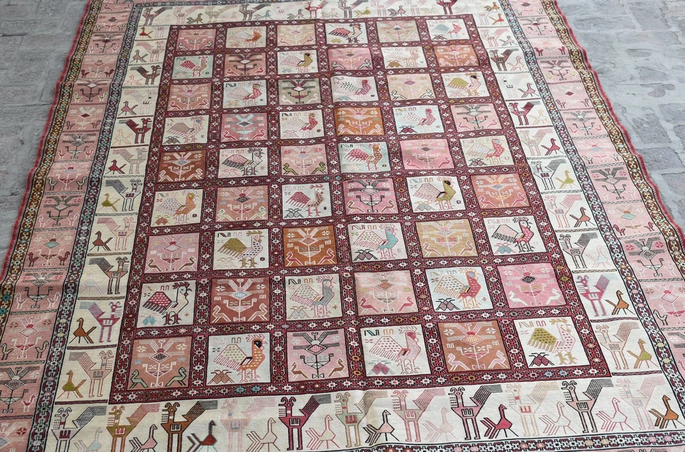 Alfombra Kilim Turca 6'5 x 9'5 Pies, Alta Calidad Vintage Hecha a Mano Picorial 100% Seda Foto 2 de 4